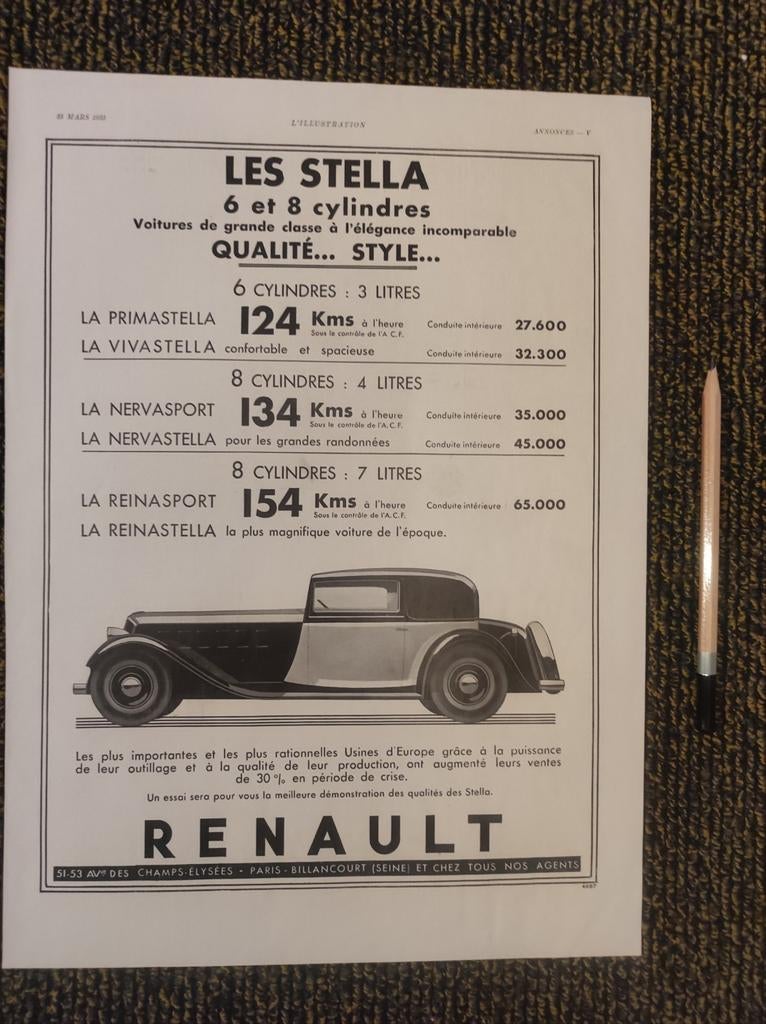 Renault Stella advertentie uit 1933, Ophalen of Verzenden, Gebruikt, Auto's