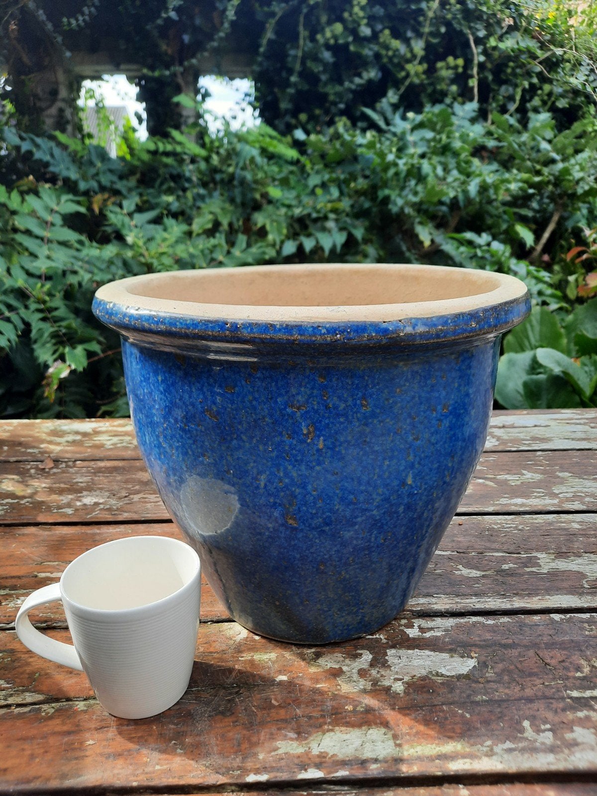 Mooie blauwe zgan geglazuurde grote bloempot dia 30 cm, Rond, Zo goed als nieuw, Minder dan 40 cm, Aardewerk