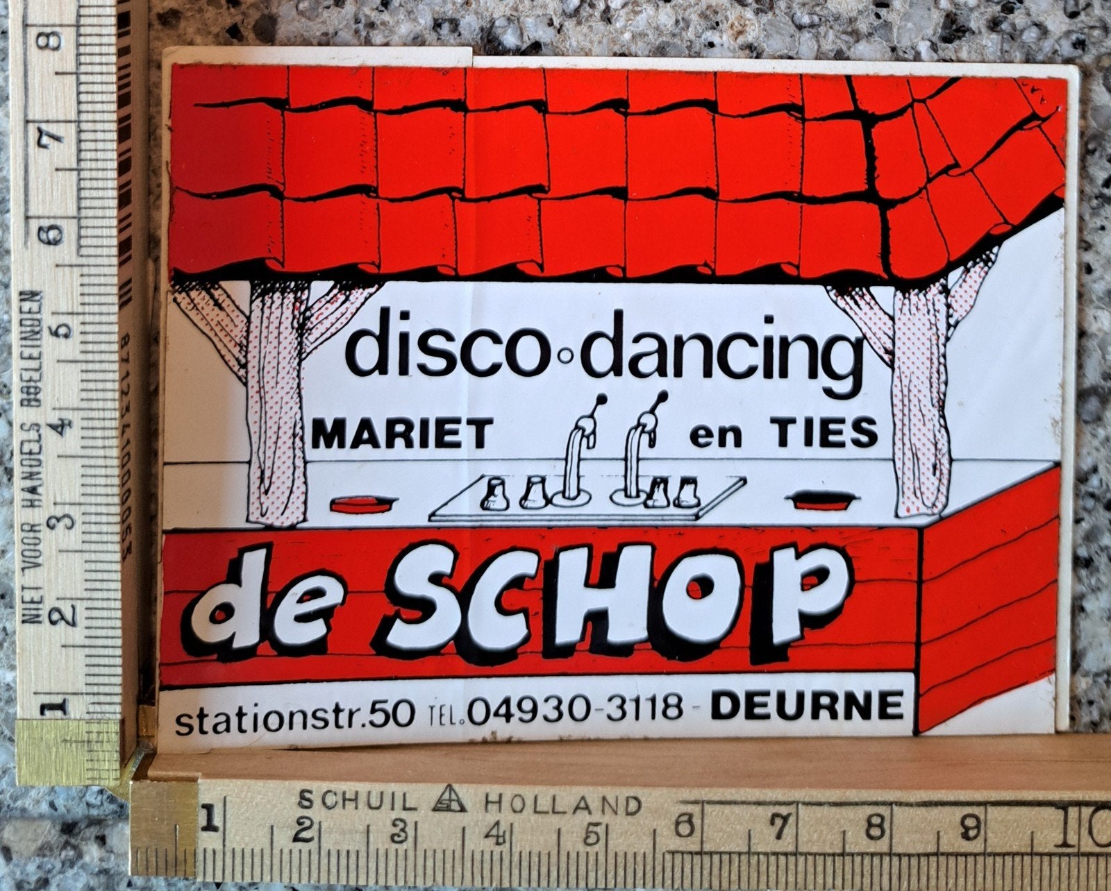 Vintage sticker Disco dancing de Schop Deurne Mariet Ties st, Ophalen of Verzenden