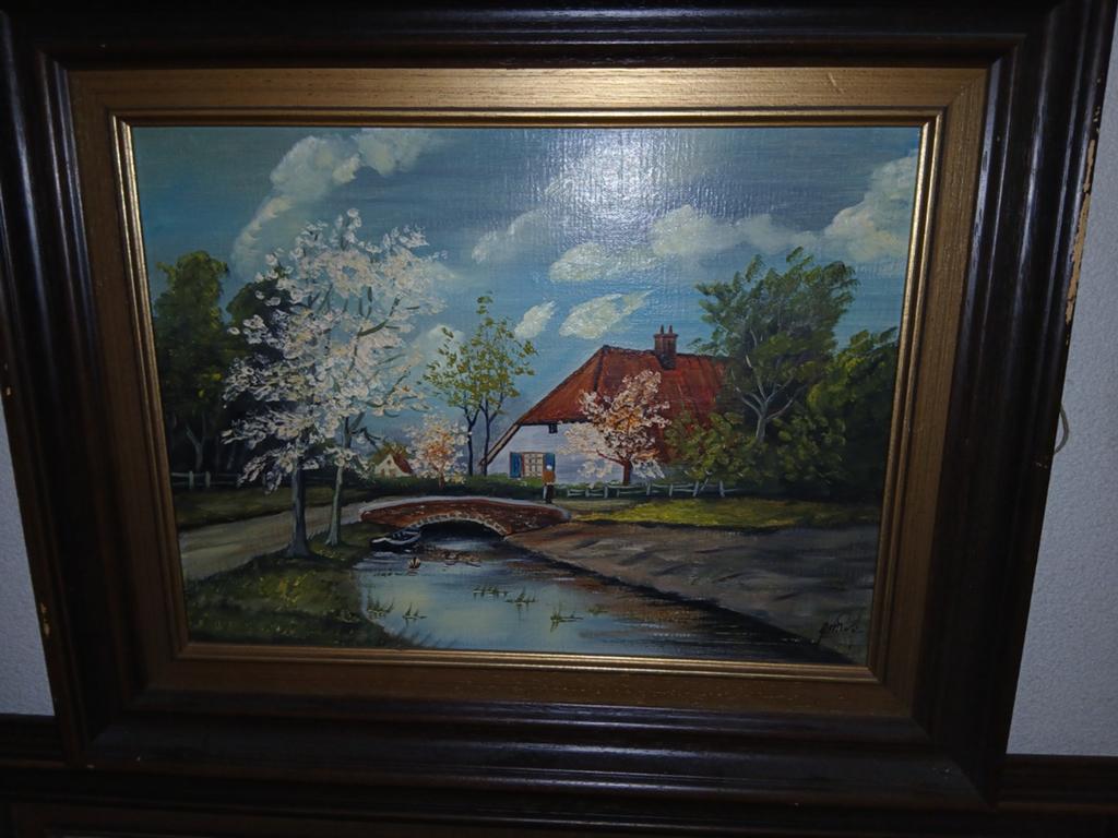 Schilderij: Lente Landschap met Huis en Brug, Ophalen of Verzenden