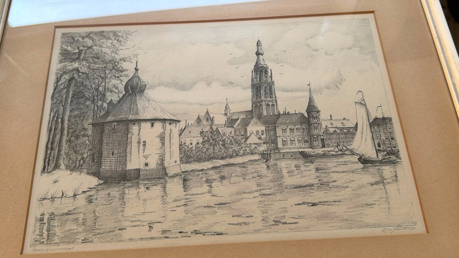 Oude prent van Breda (spanjaardsgat), Antiek en Kunst, Kunst | Litho's en Zeefdrukken, Gesigneerd, Ophalen, Landschappen, Lithografie