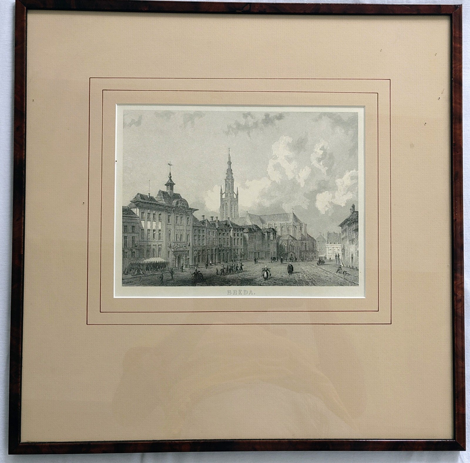 Antieke Gravure Breda - Stadsgezicht met Grote Kerk, Ophalen, Ingelijst, 1800 - 1899, Stadsgezicht