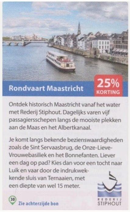 Rondvaart Maastricht - Rederij Stiphout 25% kortingsbon, Tickets en Kaartjes, Drie personen of meer, Kortingsbon, Overige typen