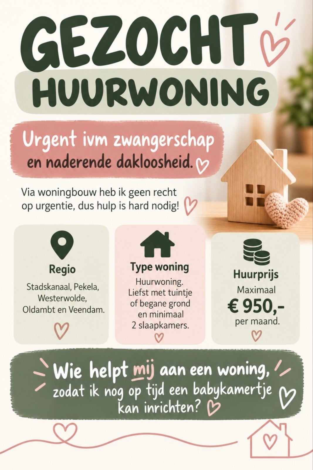 Huurwoning gezocht. Urgent ivm zwangerschap!