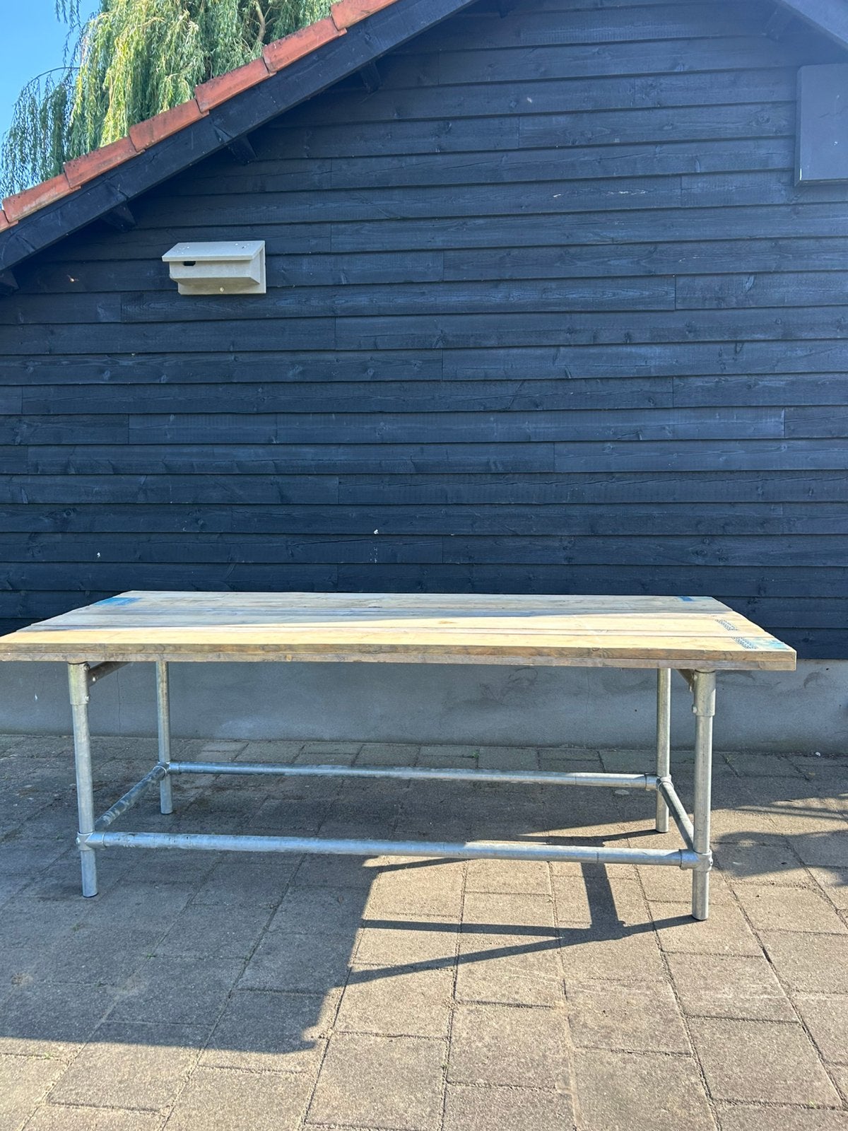 Steigerhouten tafel tuintafel teras meubilair eettafel, Ophalen, Zo goed als nieuw