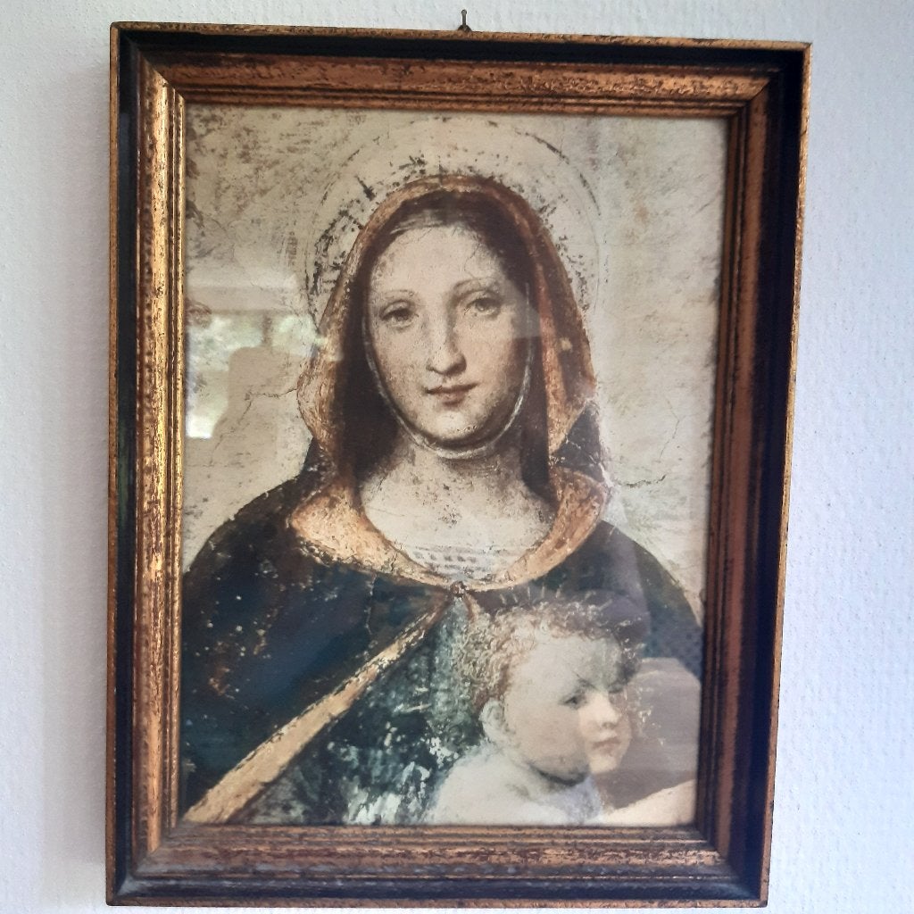 Print Madonna in antieke goudkleurige Barok lijst 28,5x22 cm, Huis en Inrichting, Woonaccessoires | Lijsten, Gebruikt, Ophalen of Verzenden