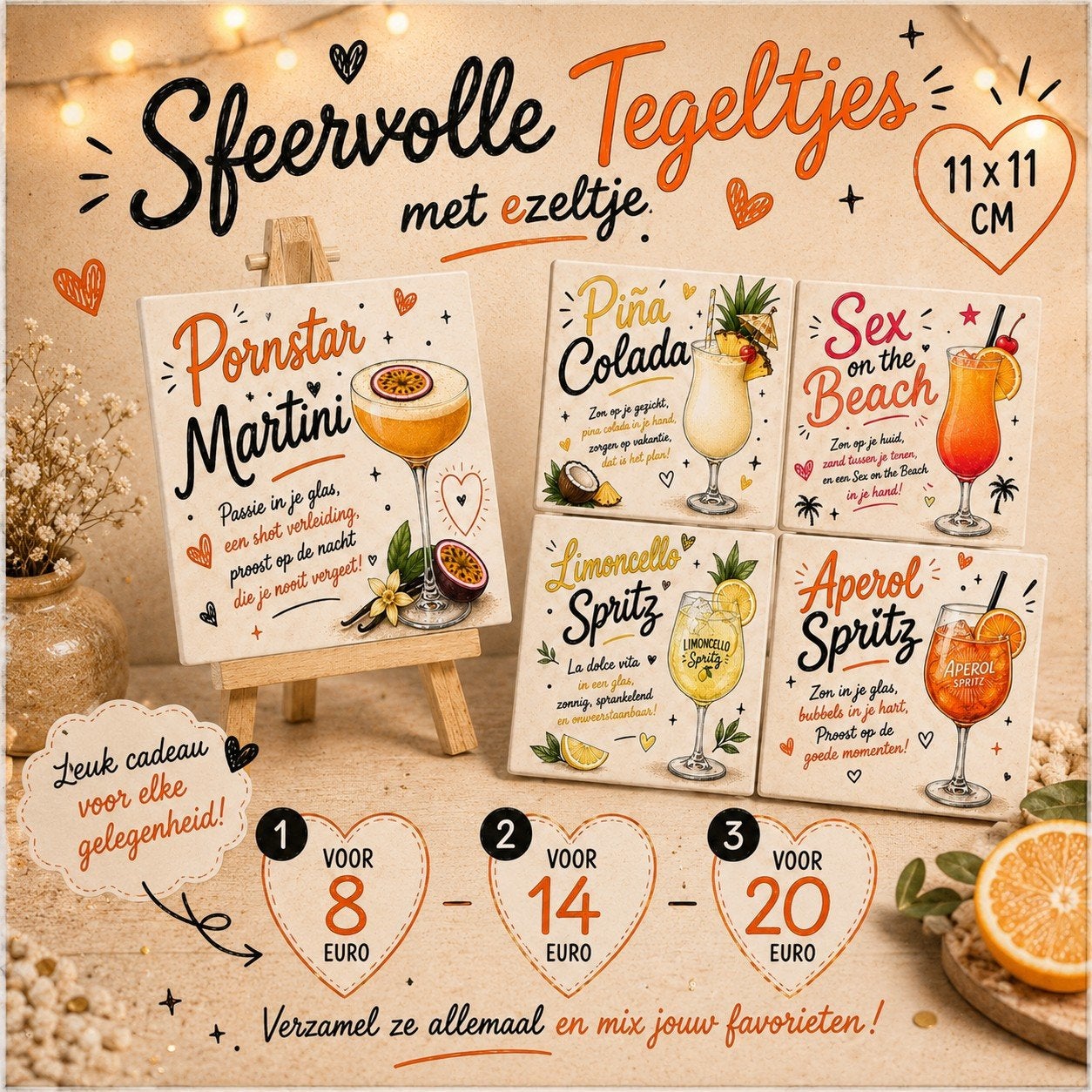 Decoratieve tegeltjes met cocktaildesign en ezeltje, Ophalen of Verzenden