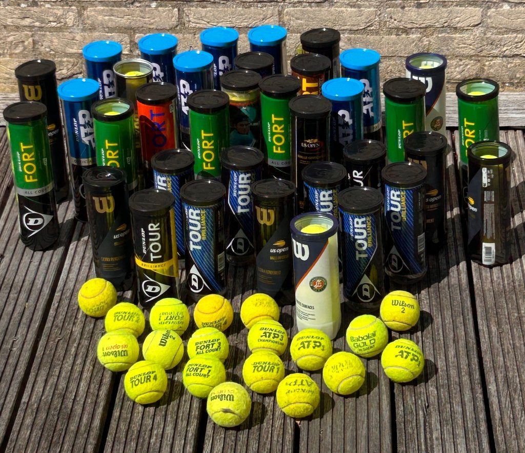 Grote partij tennisballen en lege kokers, Ophalen, Gebruikt, Ballen, L00