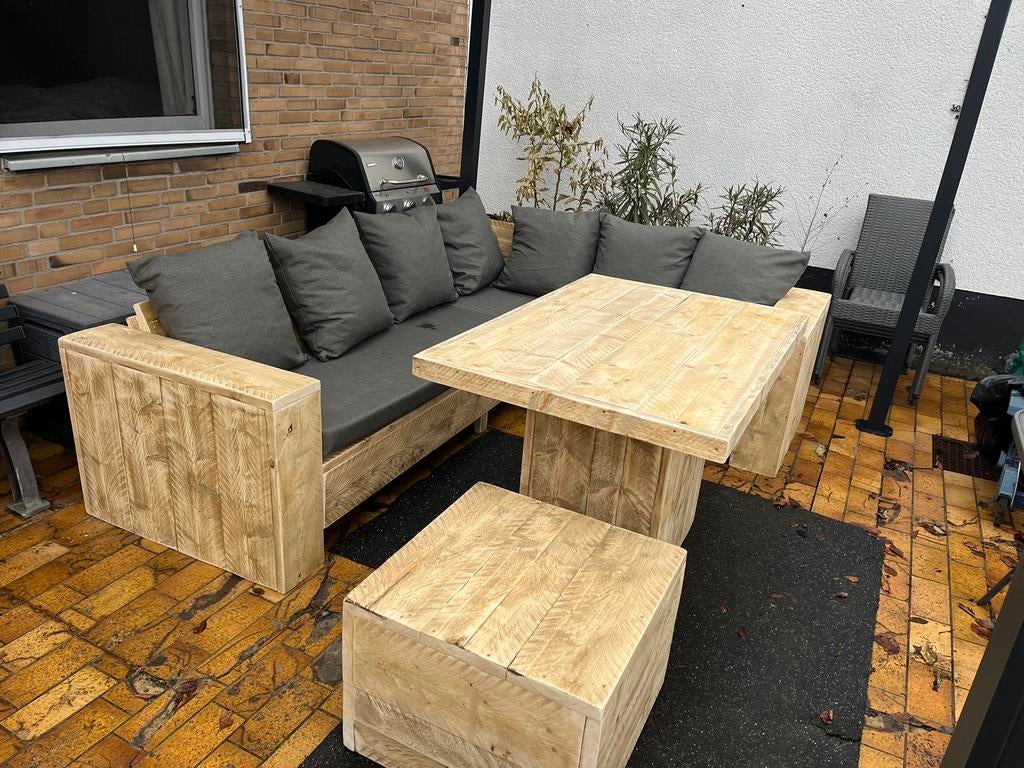 Loungeset hoekbank tuinset loungebank van Steigerhout SALE, Ophalen of Verzenden, Zo goed als nieuw, Steigerhout, Hocker