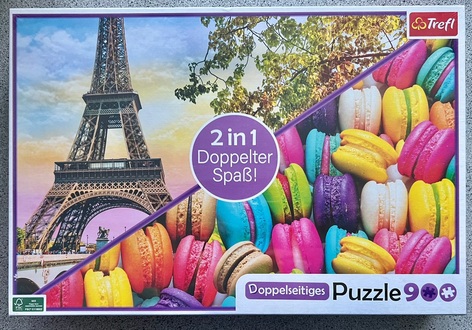 2 in 1 Puzzel “Parijs & Macarons” 900 stukjes NIEUW, Ophalen of Verzenden, 500 t/m 1500 stukjes, Nieuw, Legpuzzel