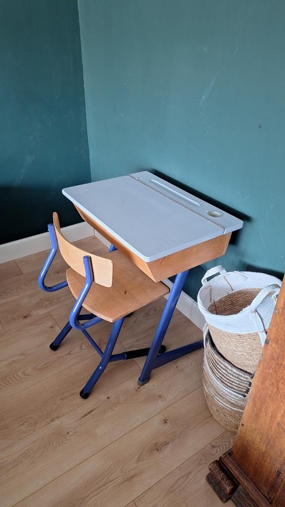 Retro schoolbank, Kinderen en Baby's, Kinderkamer | Tafels en Stoelen, Ophalen, Gebruikt, Stoel(en)