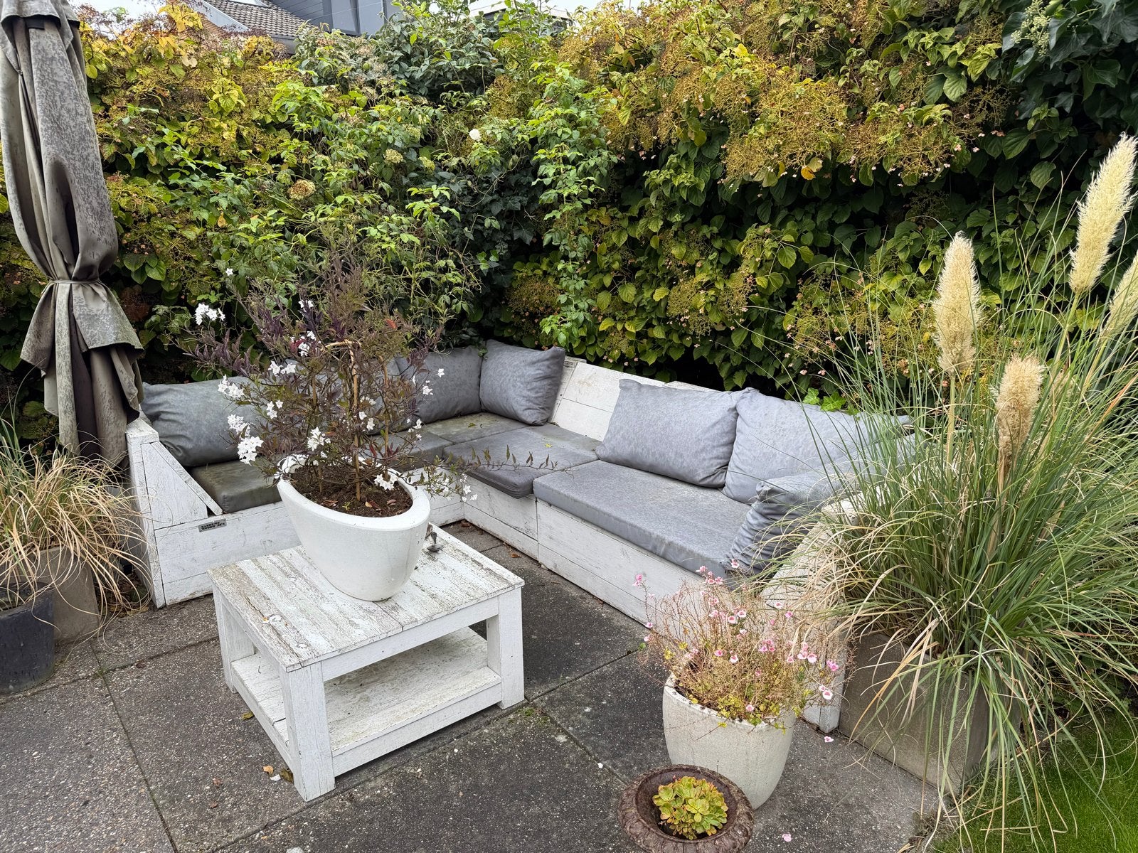 Steigerhouten Loungeset met Kussens, Tuin en Terras, Ophalen, 5 zitplaatsen, Gebruikt, Steigerhout