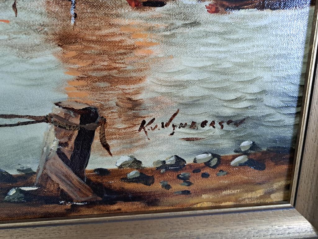Schilderij van K.v. Wijngaarden - Hollands Landschap met bot, Ophalen of Verzenden