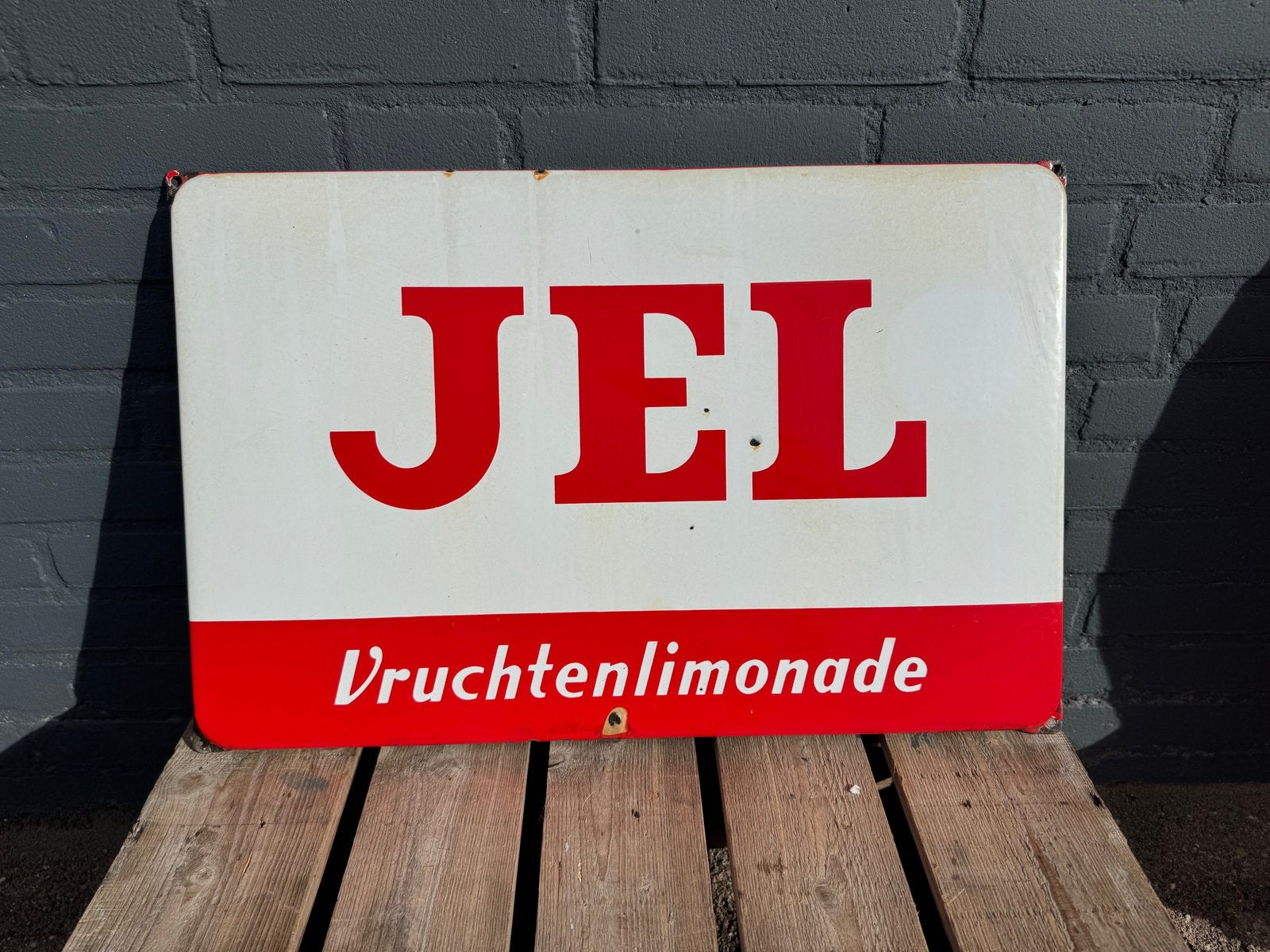 Vintage JEL Vruchtenlimonade Emaille Reclamebord, Reclamebord, Gebruikt, ., Ophalen of Verzenden