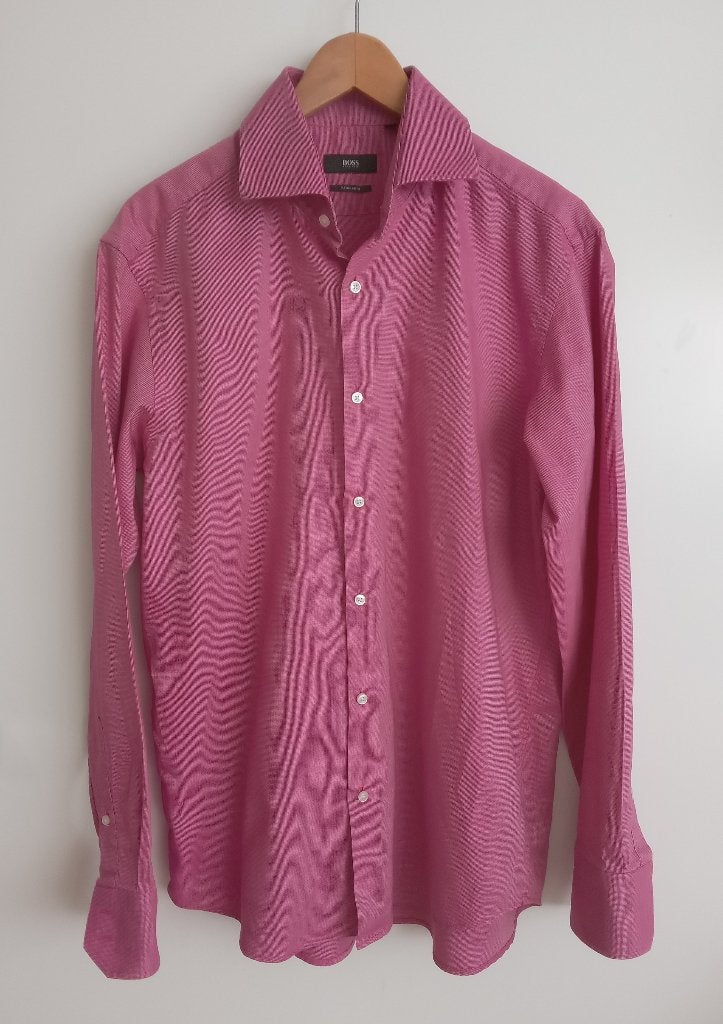 Hugo Boss donkerroze overhemd, maat L/42, regular fit, Oosterveldweg 15, 7274 DZ, Verzenden, Zo goed als nieuw, Halswijdte 41/42 (L)