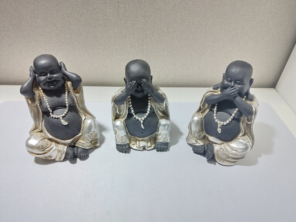 Set 3 Boeddha Beelden Hoor Zien Zwijgen - 23 cm, Ophalen, Zwart, Gebruikt, 23 cm