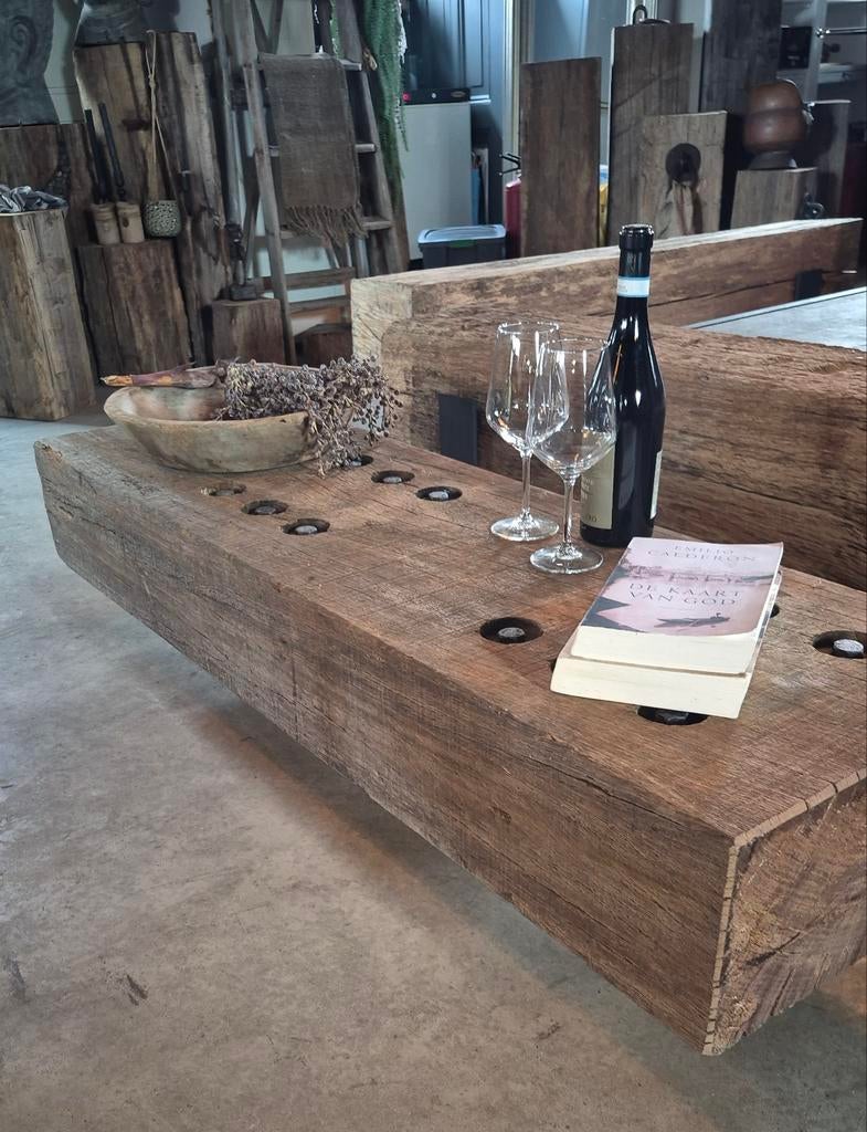 Robuuste salontafel van Azobe hardhout (oud brugdeel), Huis en Inrichting, Overige houtsoorten, Gebruikt, 100 tot 150 cm, Rustiek, Industrieel
