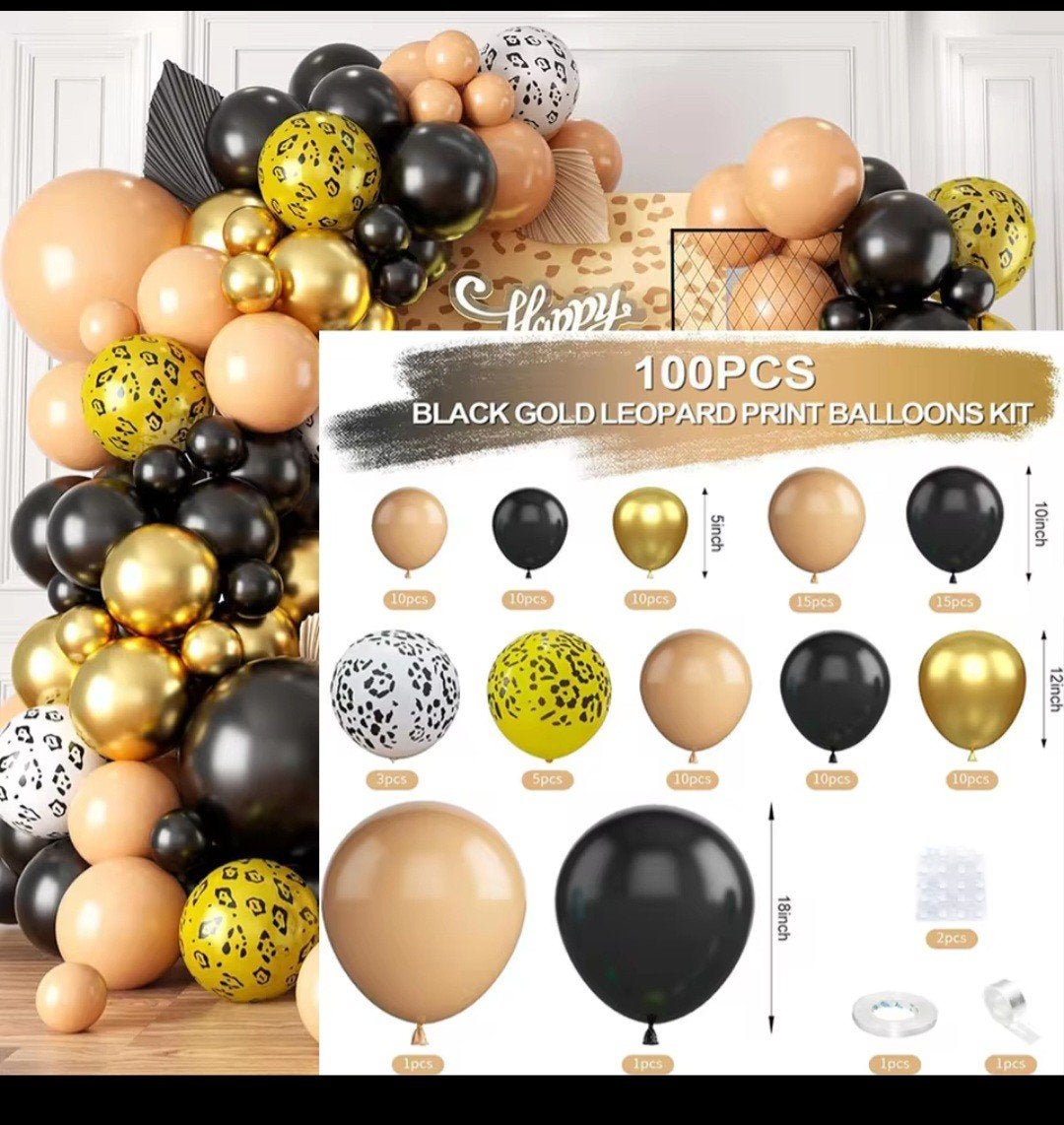 100-delige Zwart Goud Luipaard Print Ballonnen Kit, Ophalen, Nieuw, Versiering, Verjaardag
