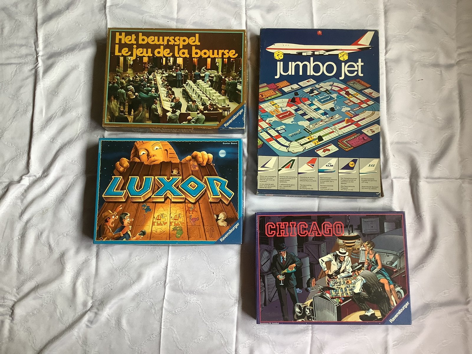 4 Bordspellen.  Beursspel, Jumbo Jet, Luxor. en Chicago., Ophalen, Zo goed als nieuw