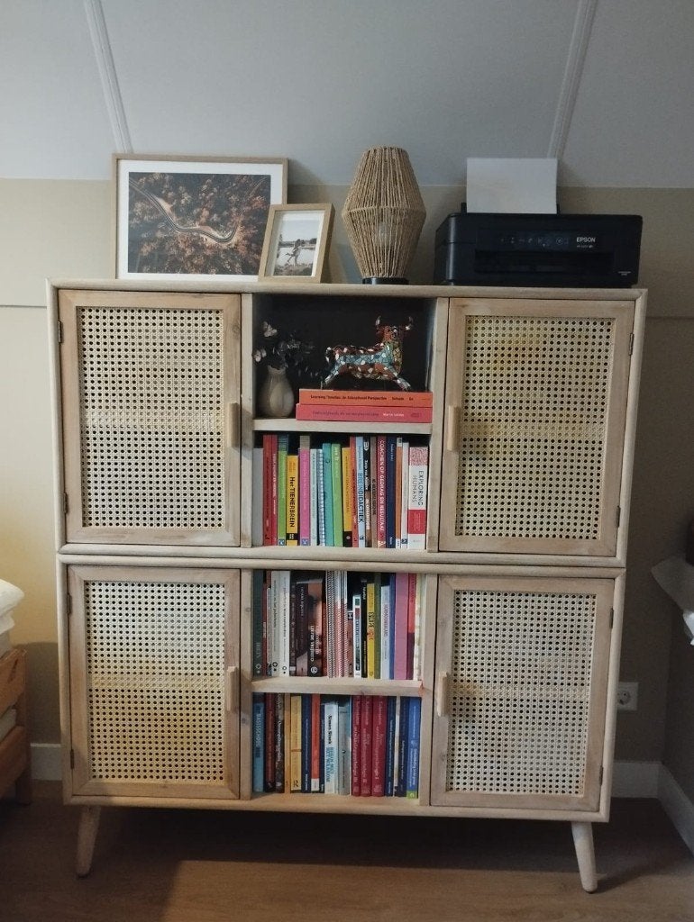 Unieke hoge kast / dressoir – naturel hout, Ophalen, 100 tot 150 cm, Boho, Japandi, Scandinavisch, naturel, 25 tot 50 cm