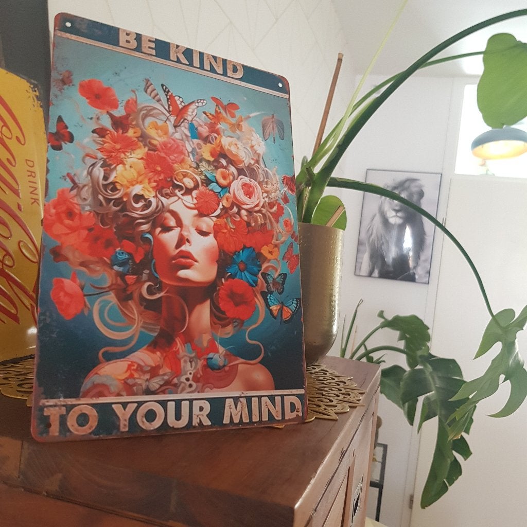 Decoratief metalen bord 'Be Kind To Your Mind' (30x20 cm), Ophalen of Verzenden, Zo goed als nieuw, Reclamebord