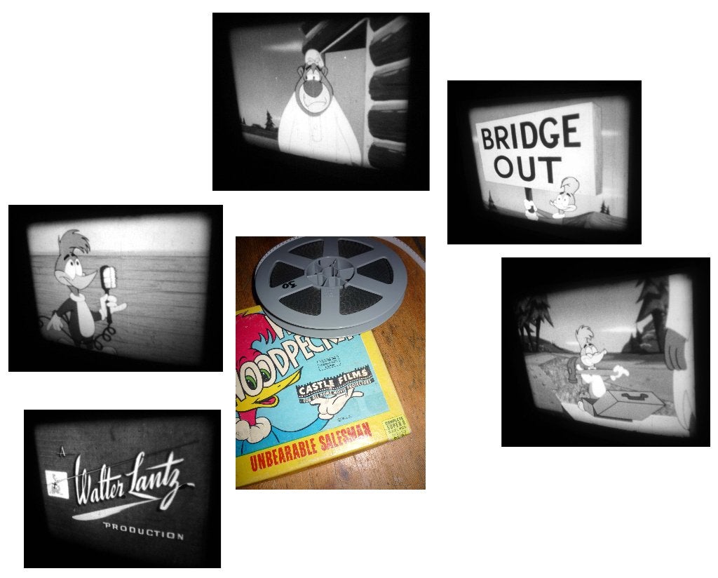 8mm film Woodpecker Unbearable Salesman zw/w silent 60mtr, Ophalen of Verzenden, 8mm film