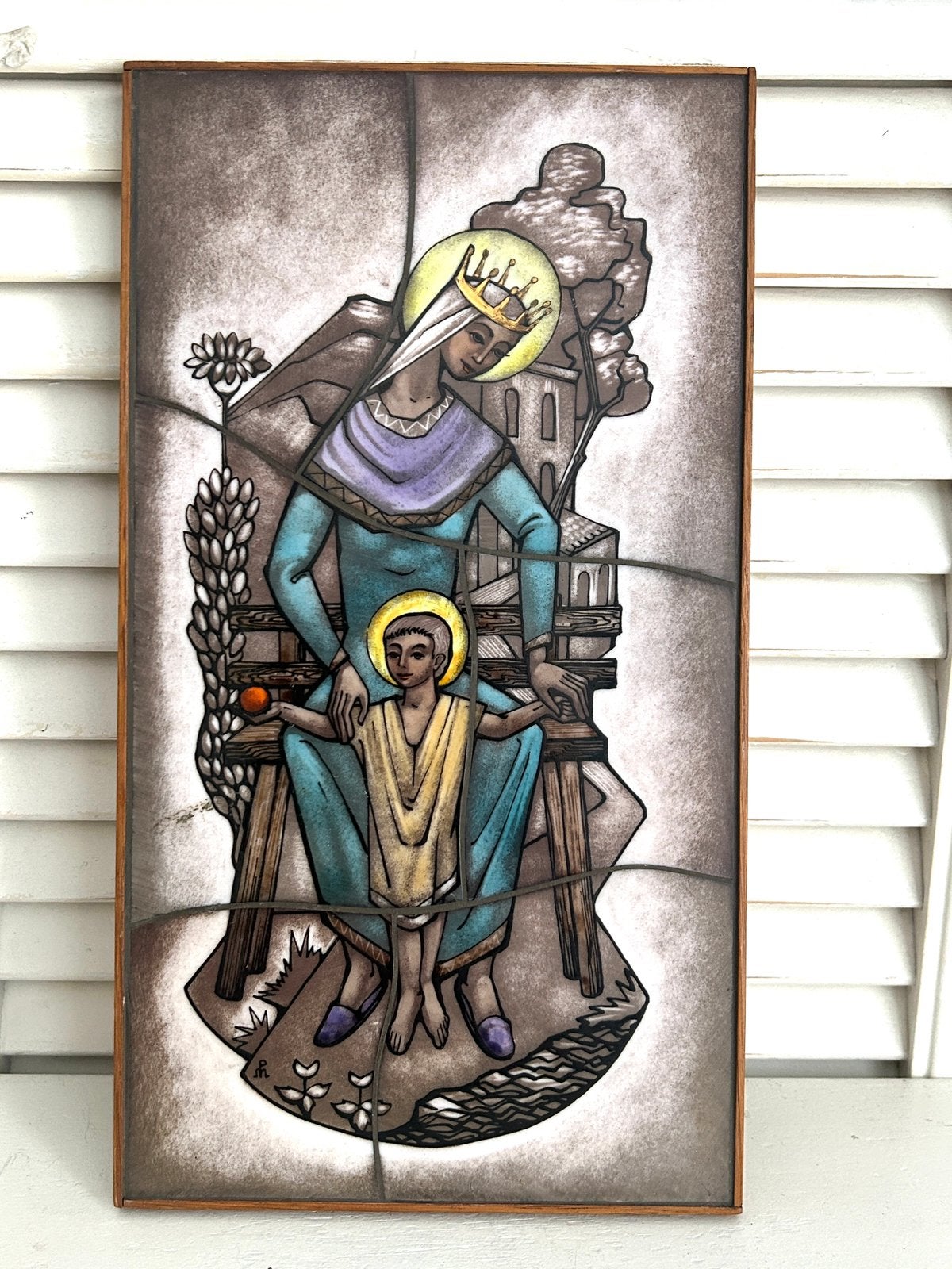 Vintage opaline icoon van Maria met het kindje Jezus, Ophalen