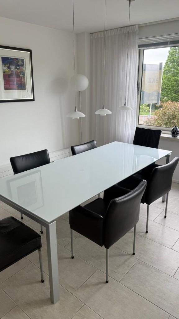 Design eettafel met stoelen, Huis en Inrichting, Tafels | Eettafels, Ophalen, 50 tot 100 cm, Zo goed als nieuw, Vijf personen of meer