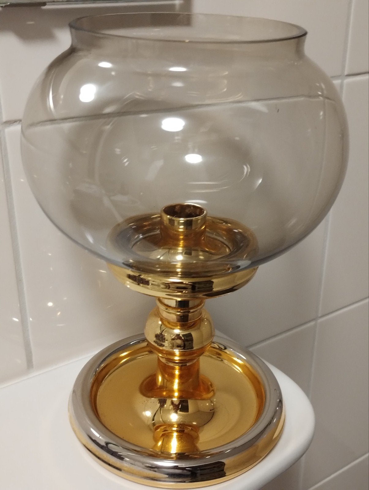Vintage jaren zeventig Stoff Nagel kandelaar met glas, Ophalen of Verzenden, Glas, Kaars