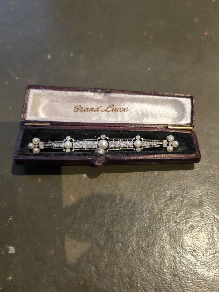 Antieke 18k gouden broche 28 diamanten & 9 parels, Sieraden, Tassen en Uiterlijk, Antieke sieraden, Ophalen of Verzenden, Goud