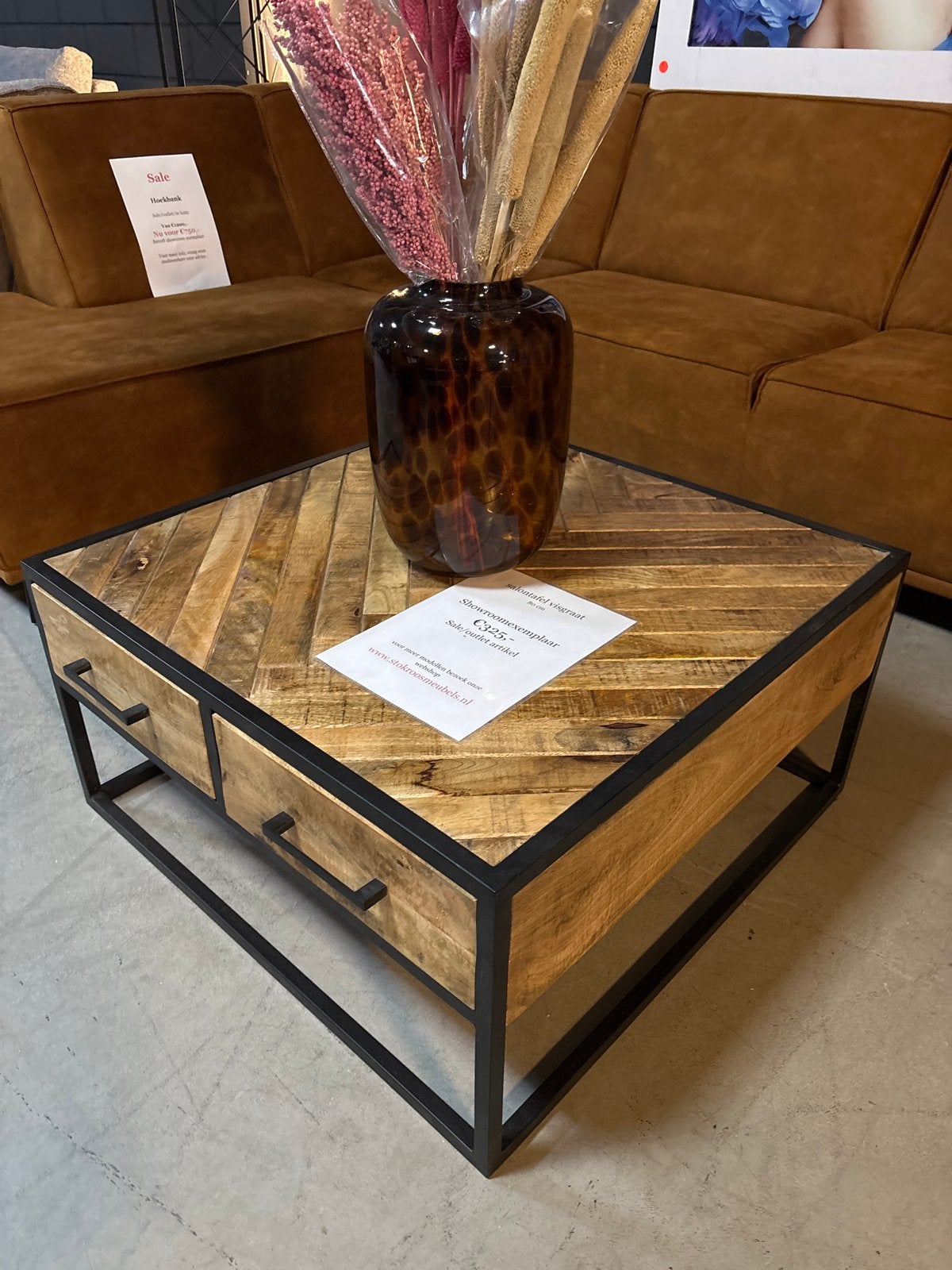 Salontafel mangohout visgraat 80x80 cm met 4 lades, Vierkant, Nieuw, 5 – 50, Overige houtsoorten