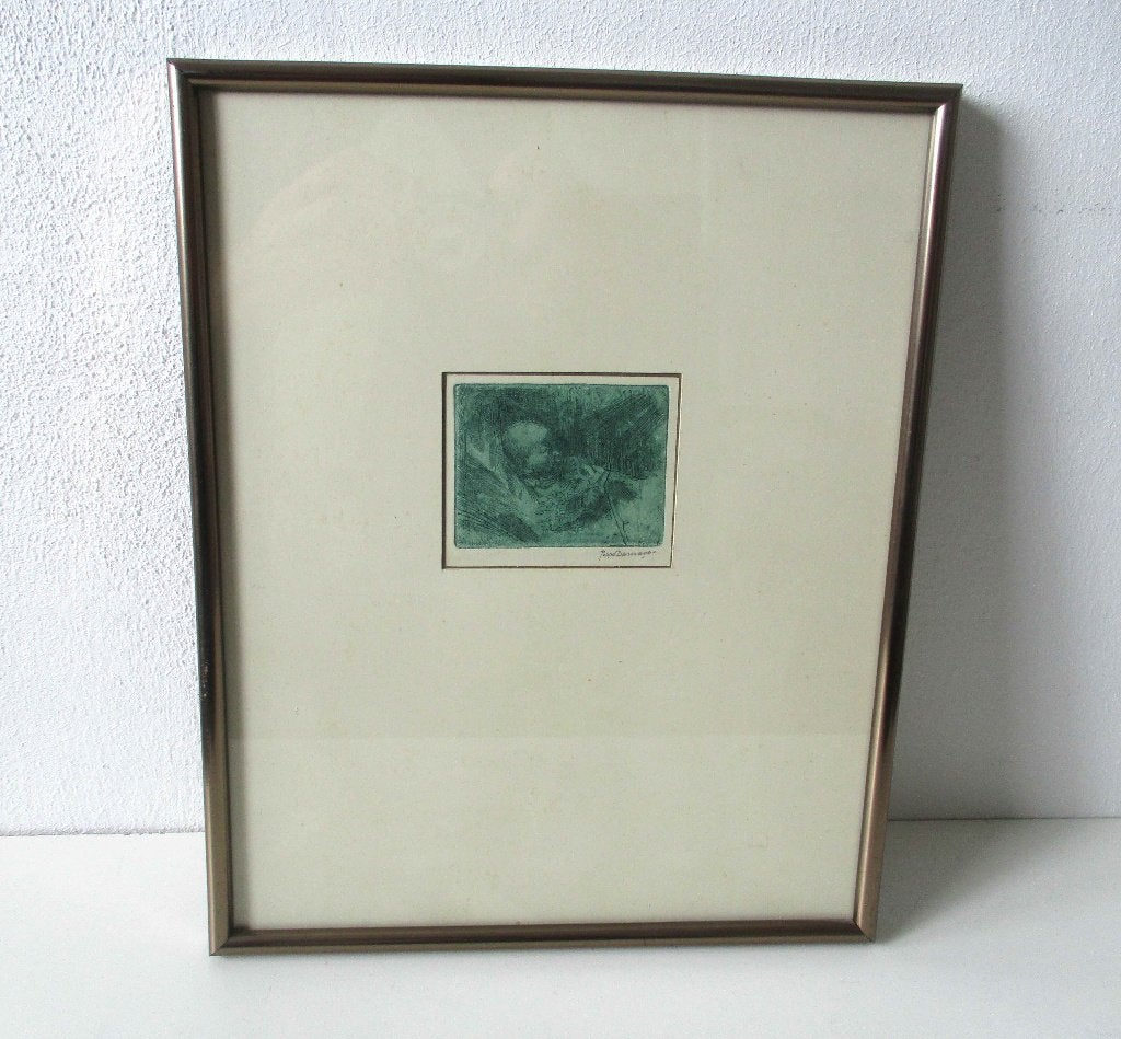 Ingelijste ets door Poppe Damave - portret van een baby, 31 cm, Portret, Ophalen of Verzenden, Gesigneerd