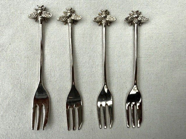 4 brocante gebaksvorkjes met insect-afbeelding, Ophalen of Verzenden