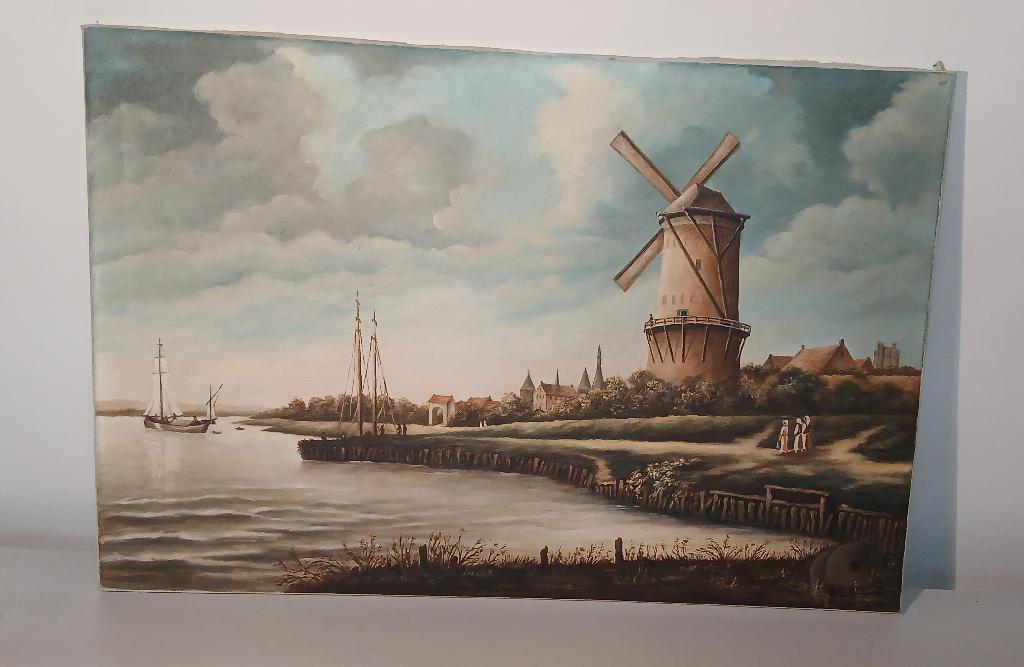 Oud Hollands Schilderij Haven Molen Schip Canvas Doek Kunst, Ophalen of Verzenden