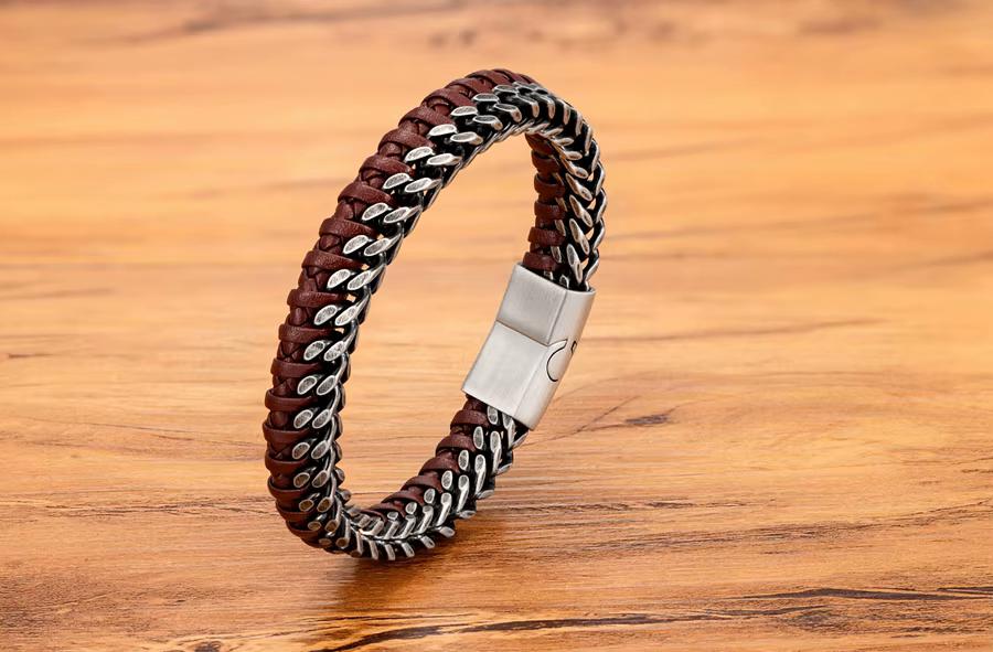 Bruine Half Leer Half Stalen Heren Armband, Verzenden, Nieuw, Bruin, Leer
