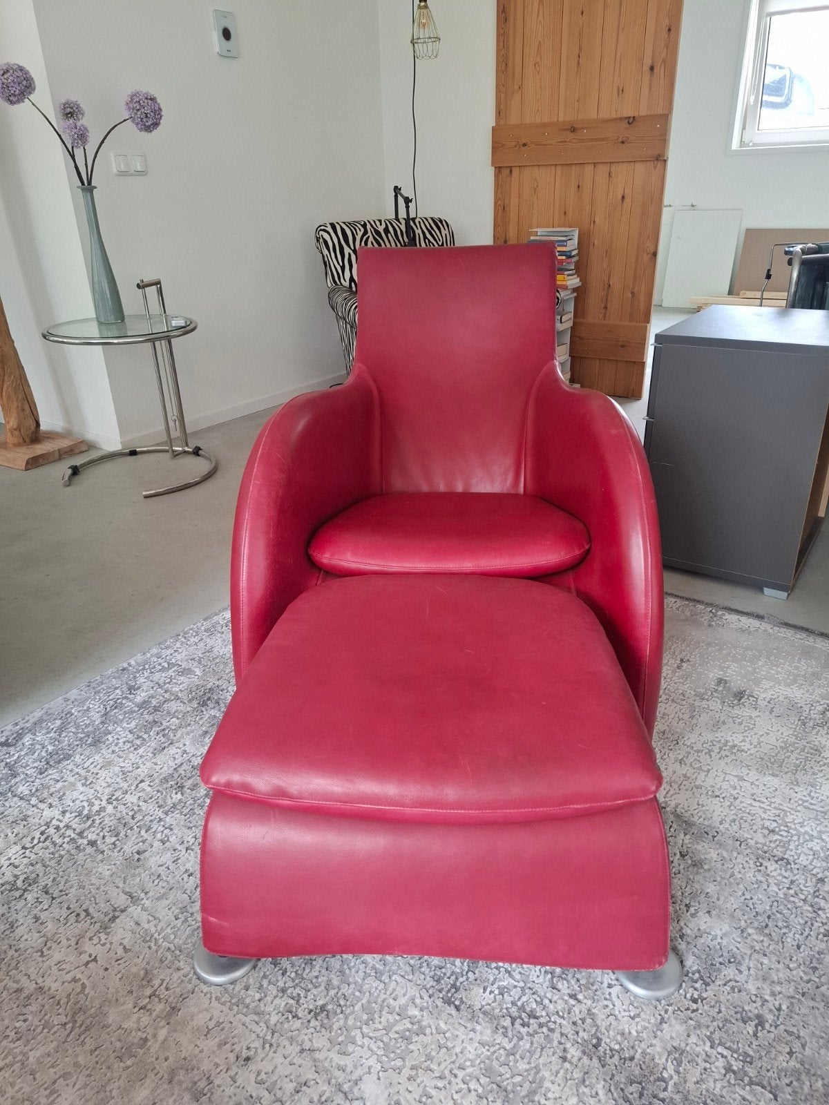 Montis Loge designfauteuil + originele hocker, Ophalen, Gebruikt, 50 tot 75 cm, Leer