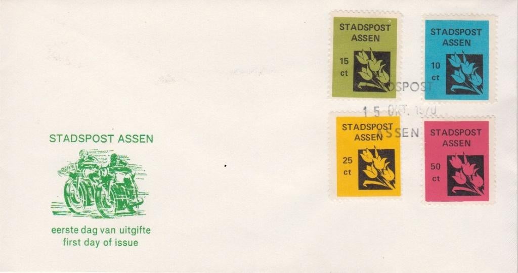Cover Stadspost Assen met prachtige illustratie motoren, Postzegels en Munten, Brieven en Enveloppen | Nederland, Ophalen of Verzenden