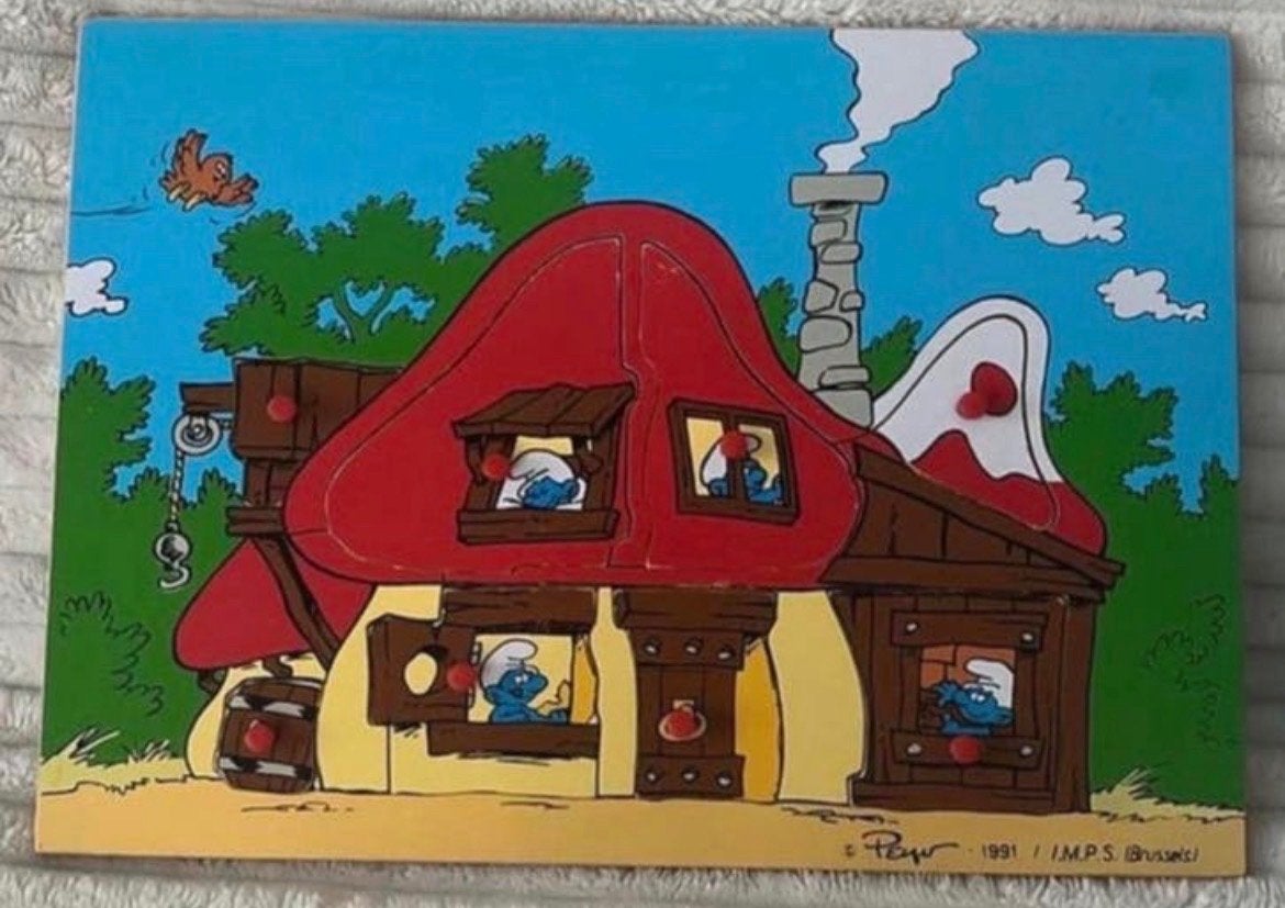 Vintage Smurfen puzzel 1991 - Houten Smurfenhuis, Verzamelen, Smurfen, Ophalen of Verzenden, Zo goed als nieuw, Verschillende Smurfen