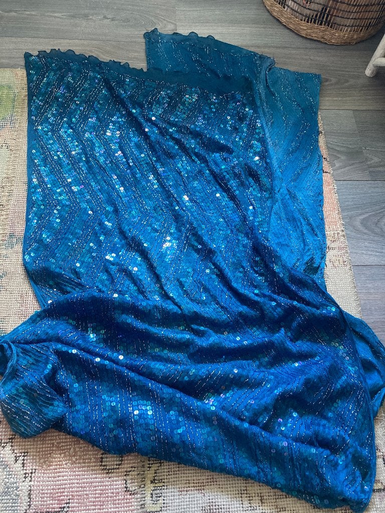 India blauw vintage sari zijde pailletten saree stof sjaal, Gebruikt, Blauw, 120 cm of meer, 200 cm of meer
