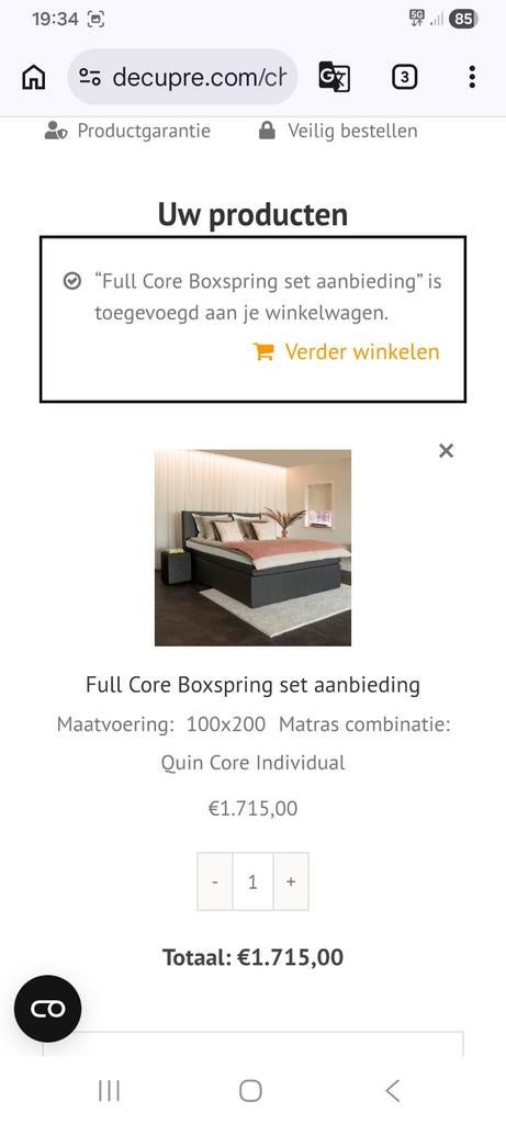 Decupre full core boxspring, Ophalen