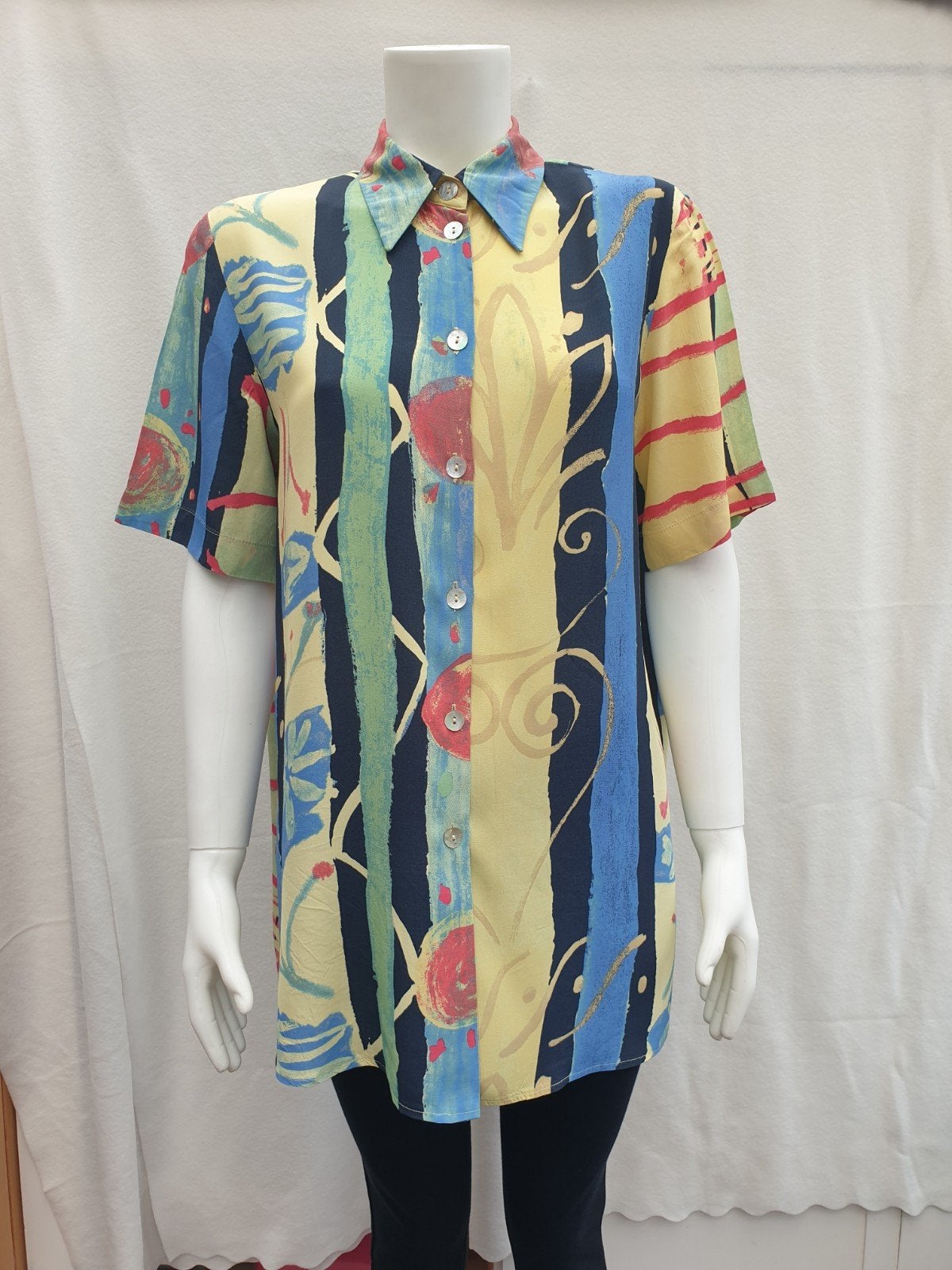 Vintage blouse, maat 40/L - geel, blauw, groen - 90's, Maat 38/40 (M), Blauw, ., Ophalen of Verzenden