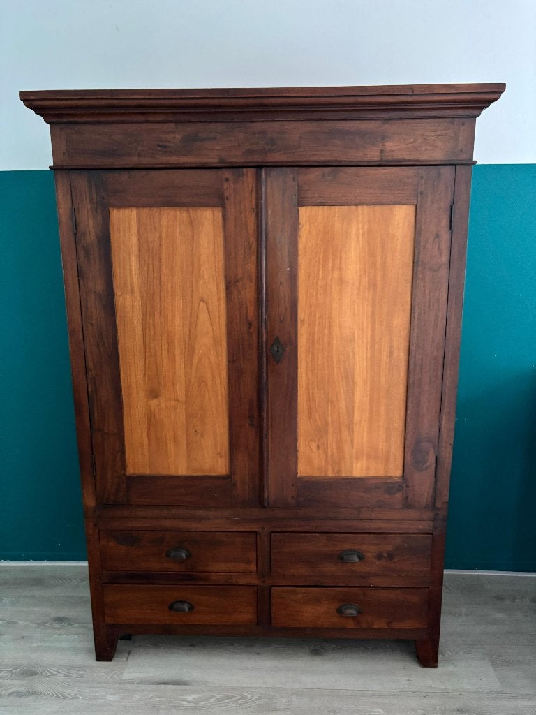 Antieke houten kast met lades en planken, Antiek, Gebruikt, Ophalen of Verzenden, 150 tot 200 cm