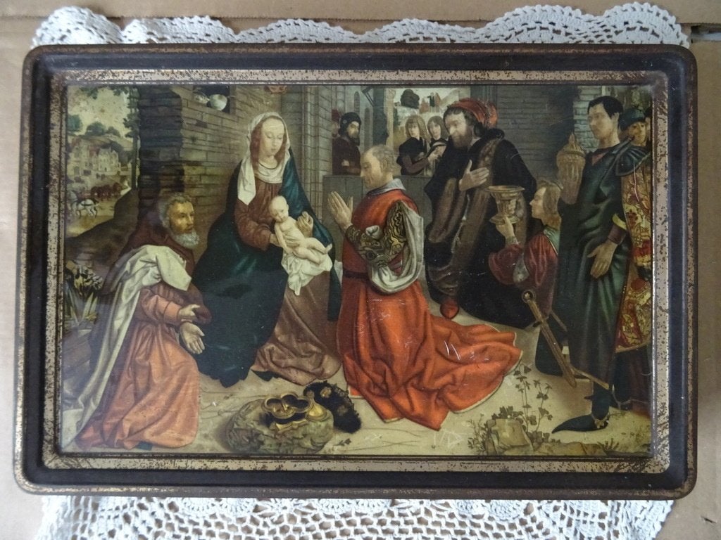 Vintage koekblik De aanbidding door de koningen 11x20x6cm, Ophalen of Verzenden, Gebruikt, Overige typen, Christendom | Katholiek