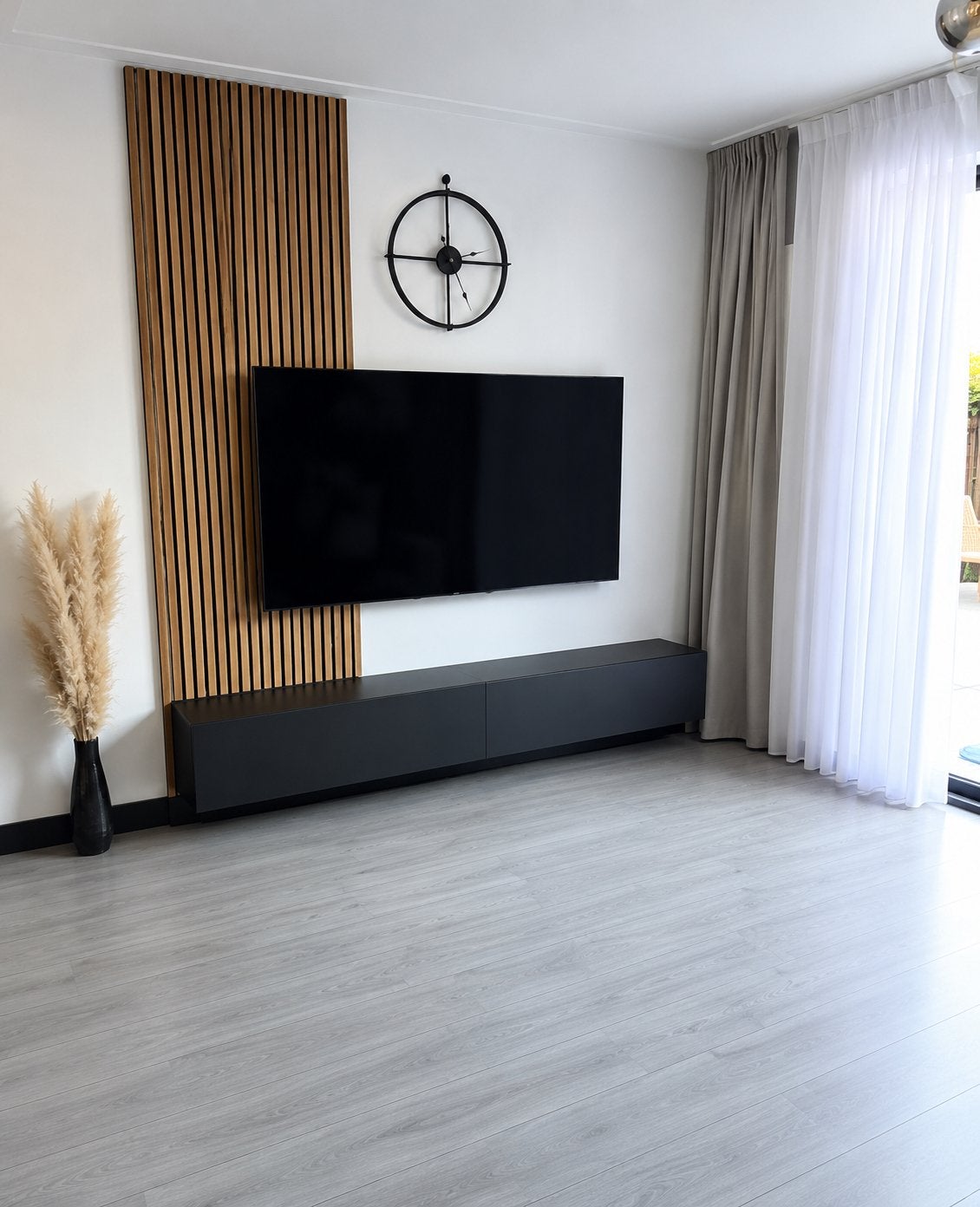 Moderne zwarte tv-kast 200 cm breed, Overige materialen, Gebruikt, Ophalen of Verzenden, 200 cm of meer