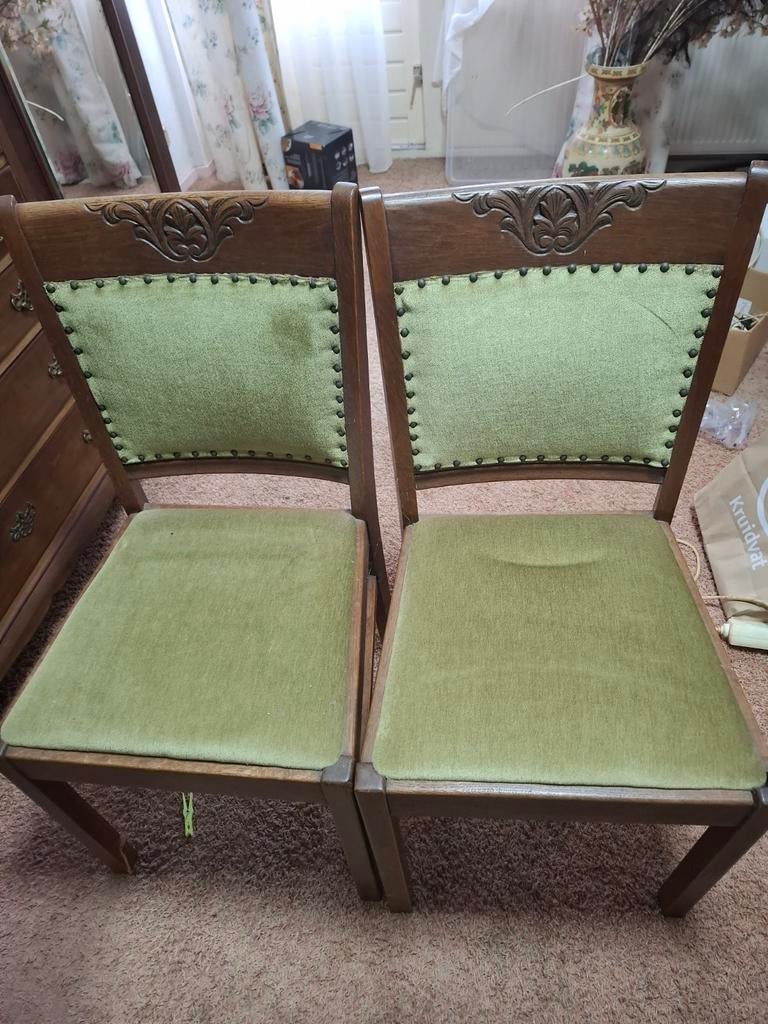 Set van 2 vintage stoelen, Huis en Inrichting, Stoelen, Gebruikt, Twee, Hout, Stof, Bruin, Ophalen