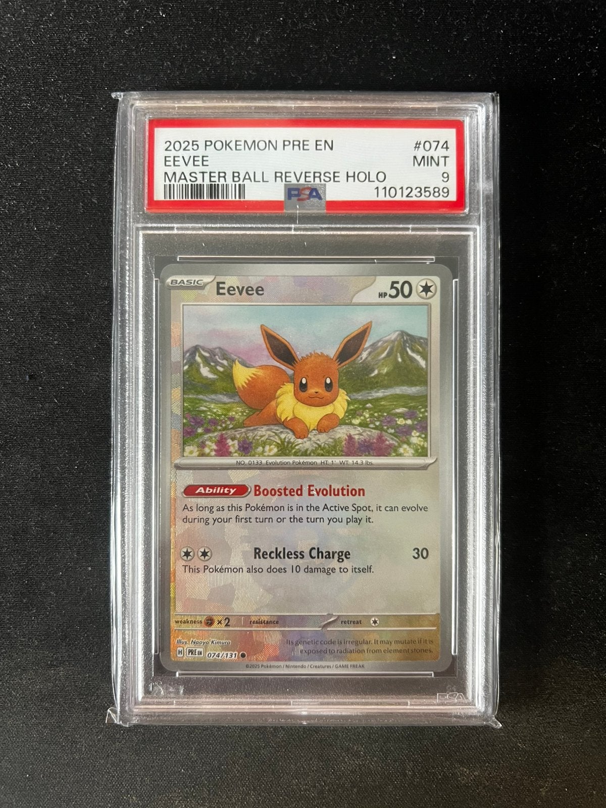 Eevee 74 Masterball Reverse Holo Pokemon Card PSA 9, Ophalen of Verzenden, Zo goed als nieuw, Losse kaart, Foil