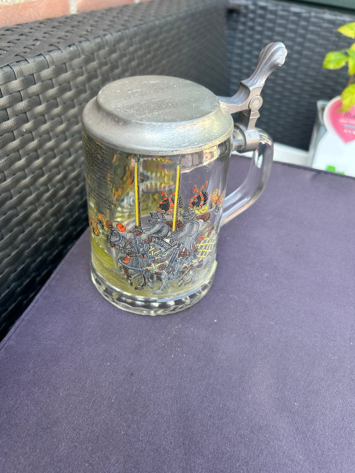 Vintage Bierpul met Tinnen Deksel en Ridderafbeelding, Ophalen of Verzenden
