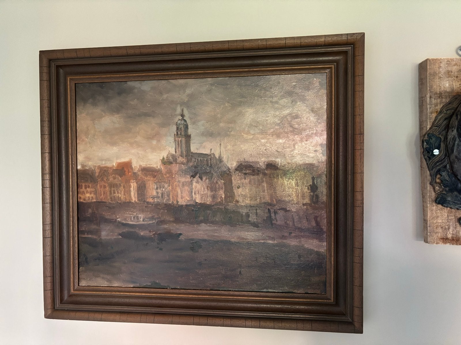 Olieverfschilderij Stadsgezicht met Kerk en Water, Ophalen, Doek, Realistisch, Olieverf