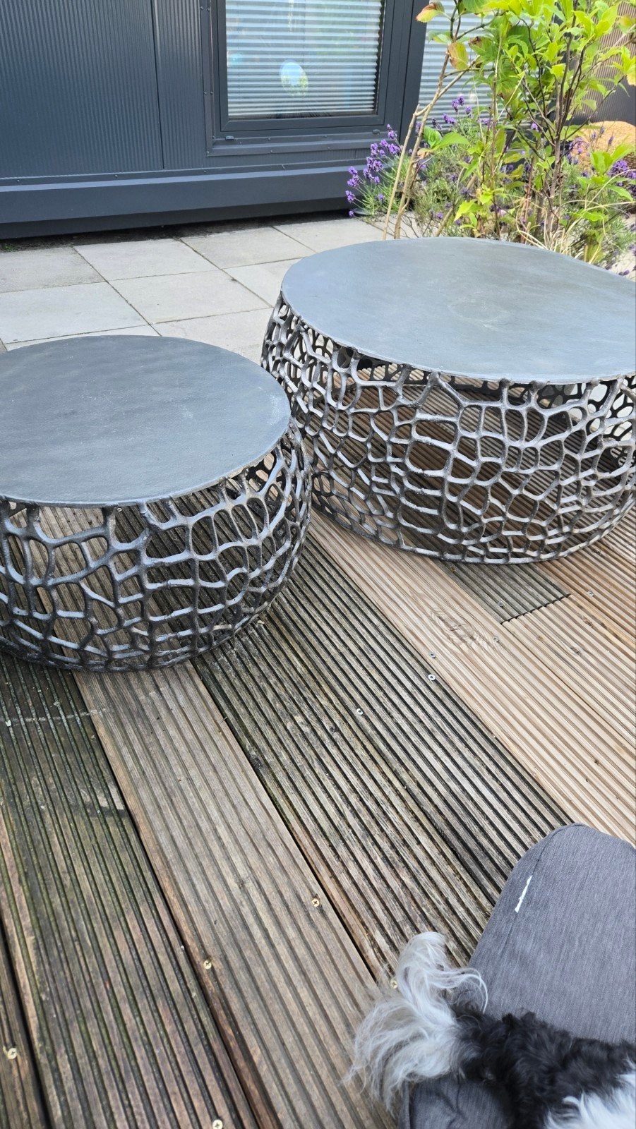 Set van 2 ronde salontafels, metaal, antraciet, Tuin en Terras, Ophalen, Gebruikt, Rond, Metaal