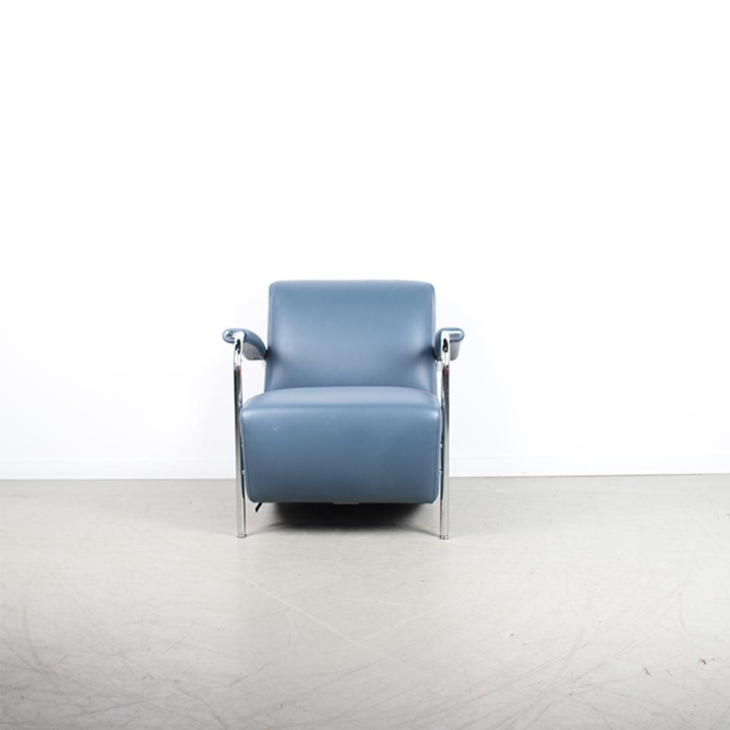 2x Leolux Scylla Fauteuil Blauw Leer – Chroom, Huis en Inrichting, Fauteuils, Niet ingevuld, Niet ingevuld, Ophalen of Verzenden